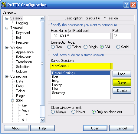 Enregistrement des paramètres dans PuTTY