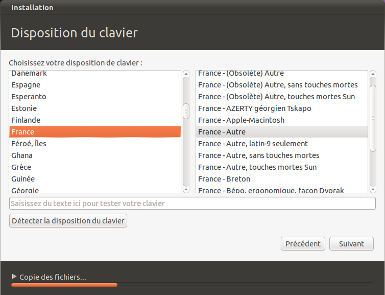 Sélection du type de clavier