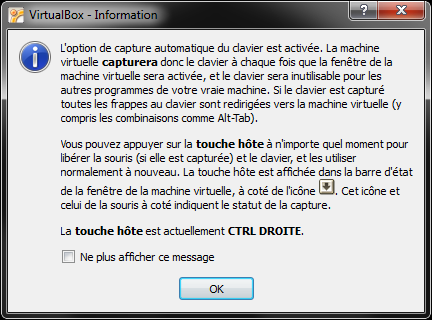 VirtualBox vous informe quelle est la touche spéciale