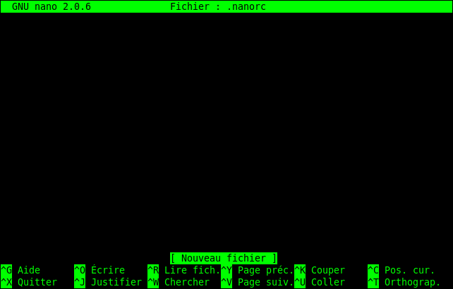 Un .nanorc neuf (et vide).Notez que le nom du fichier est déjà indiqué en haut de l'écran.
